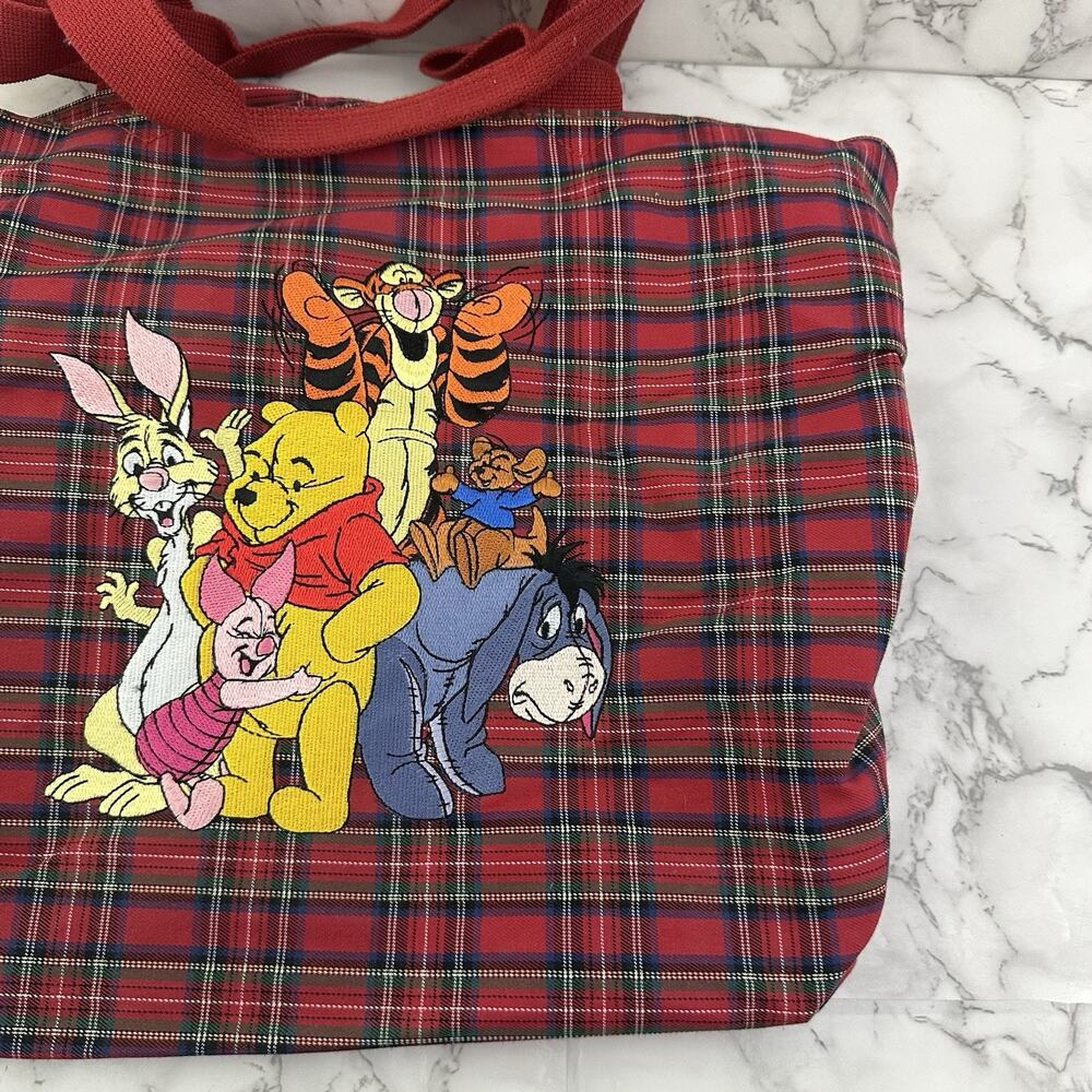 Disney Store Vintage 90s Winnie the Pooh Embroidered Tote Bag Purse Red Plaid - Picture 3 of 12